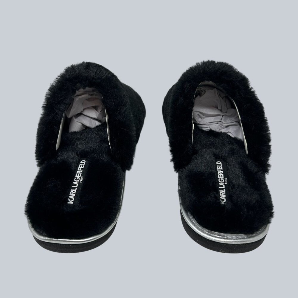 Karl Lagerfeld Womens Black Faux Fur Slippers Size 10 - Picture 2 of 6